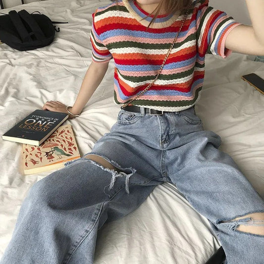 Loose Slimming High Waist Student Straight Knee Ripped Jeans Women