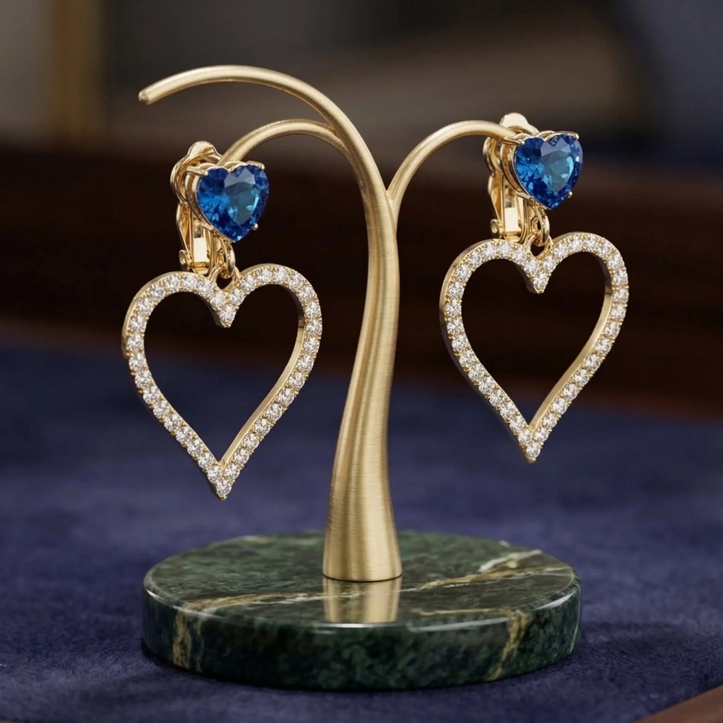 Orecchini Pendenti a Cuore con Cristallo Blu
