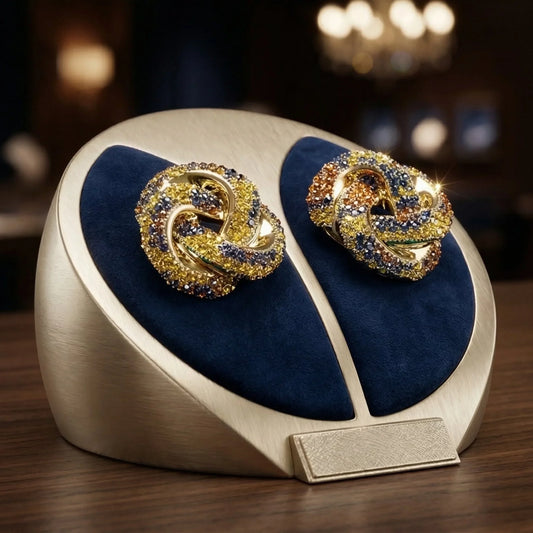 Orecchini a Perno Nodo in Acciaio Dorato con Strass Multicolore