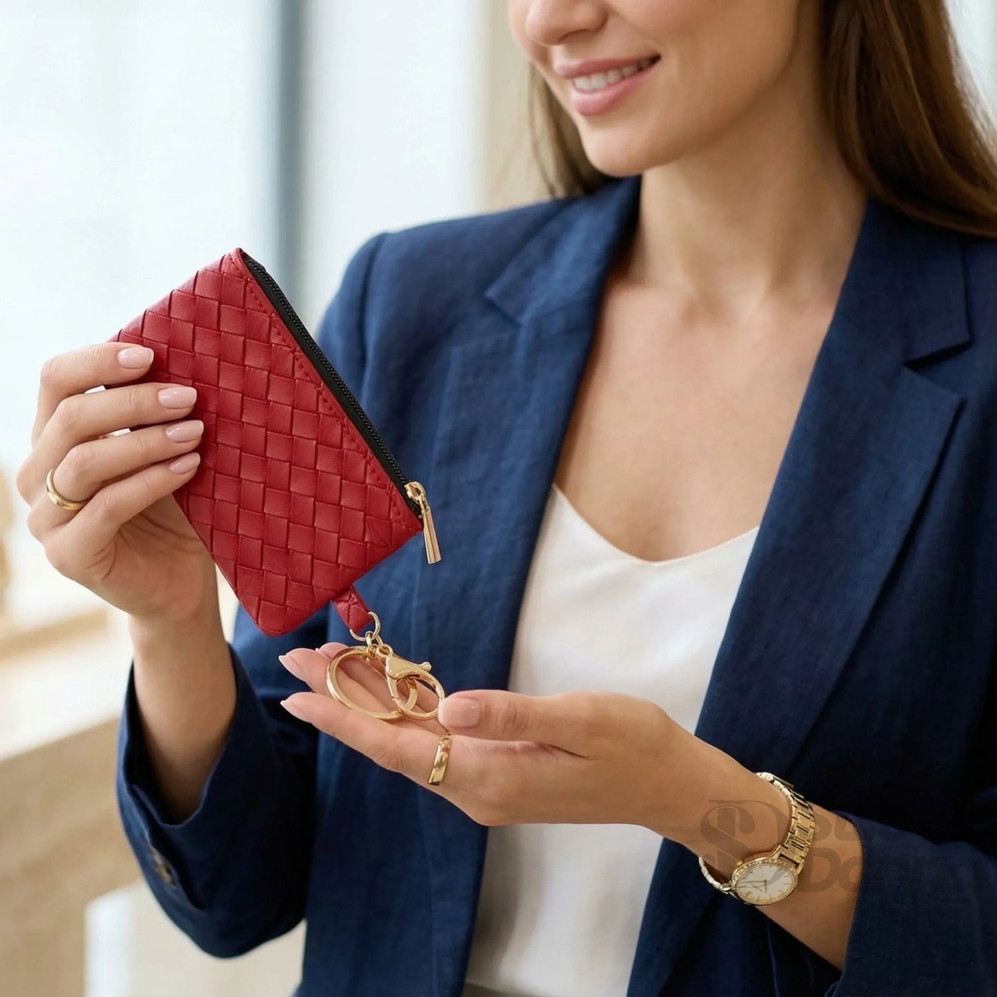 Ruby Portafoglio Portachiavi Mini Intrecciato in Ecopelle con Cerniera Oro