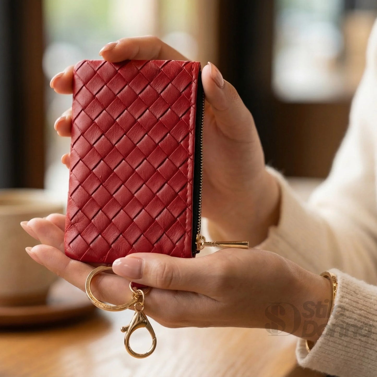 Ruby Portafoglio Portachiavi Mini Intrecciato in Ecopelle con Cerniera Oro