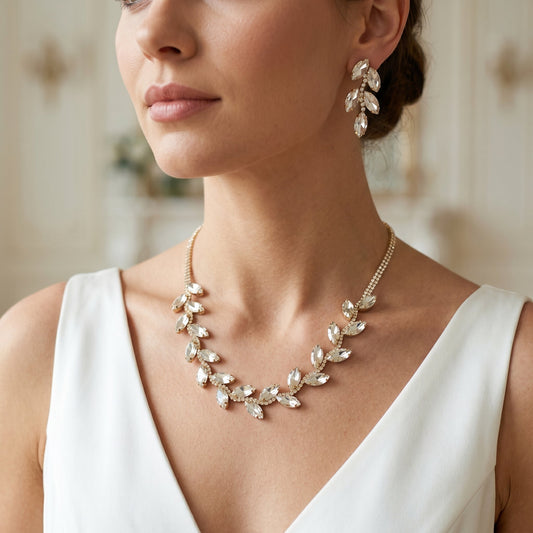 Set Collana e Orecchini Foglia d'Oro con Cristalli Brillanti