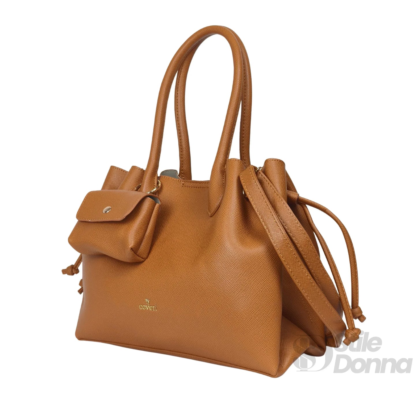 YY Coveri Borsa a Mano Strutturata in Ecopelle Cuoio con Dettagli Oro