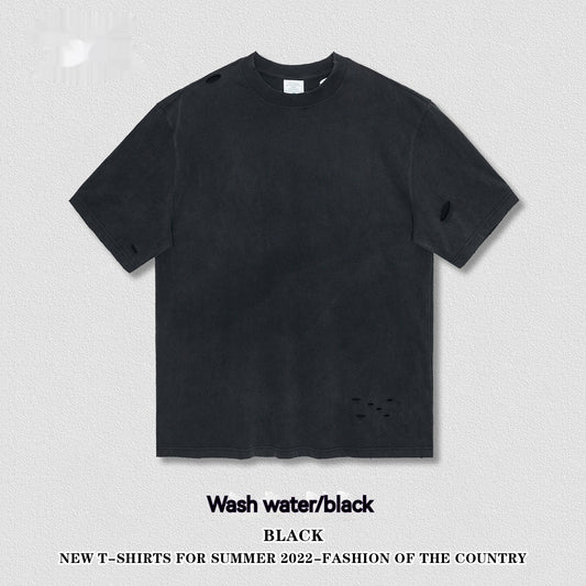 Heavy Washed Make Old Ripped Earth Color Short Sleeve Men