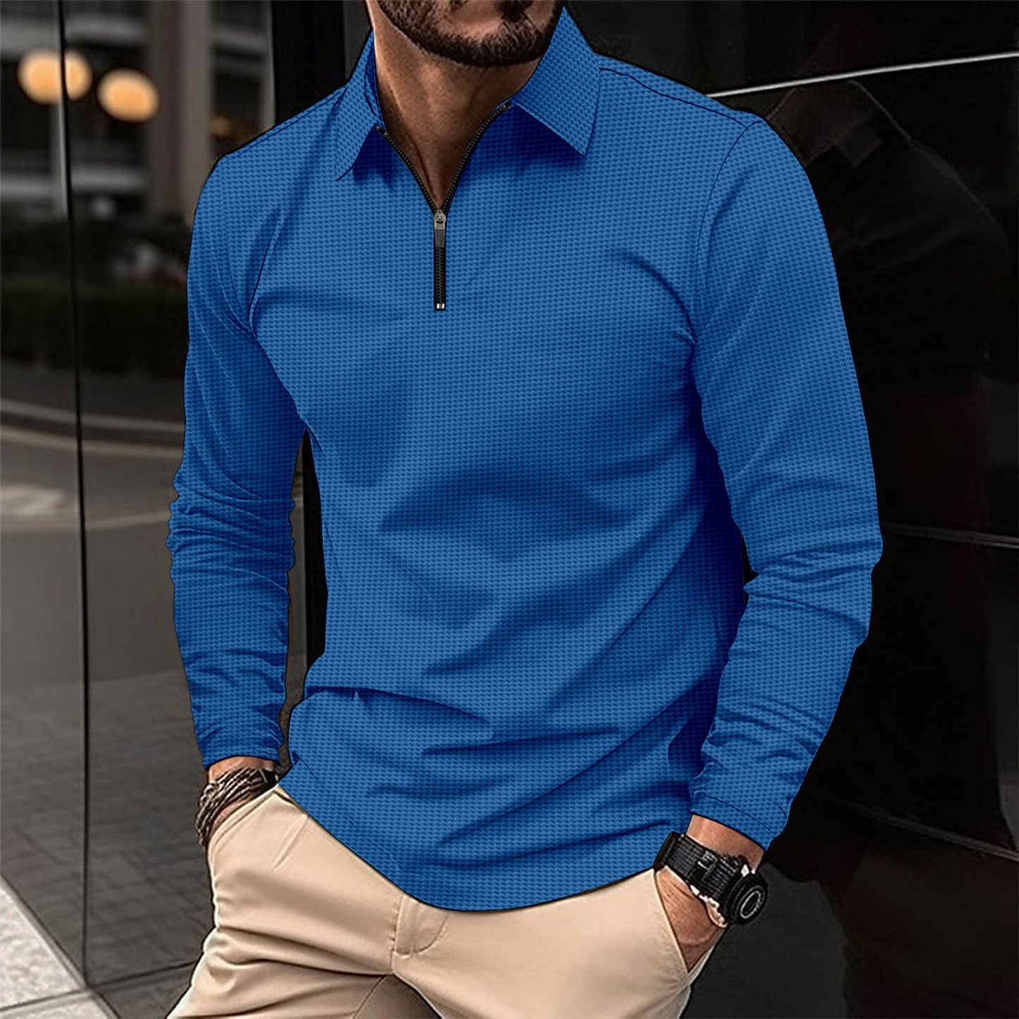 Men's Lapel Fashion Solid Color Waffle Long Sleeve T-shirt