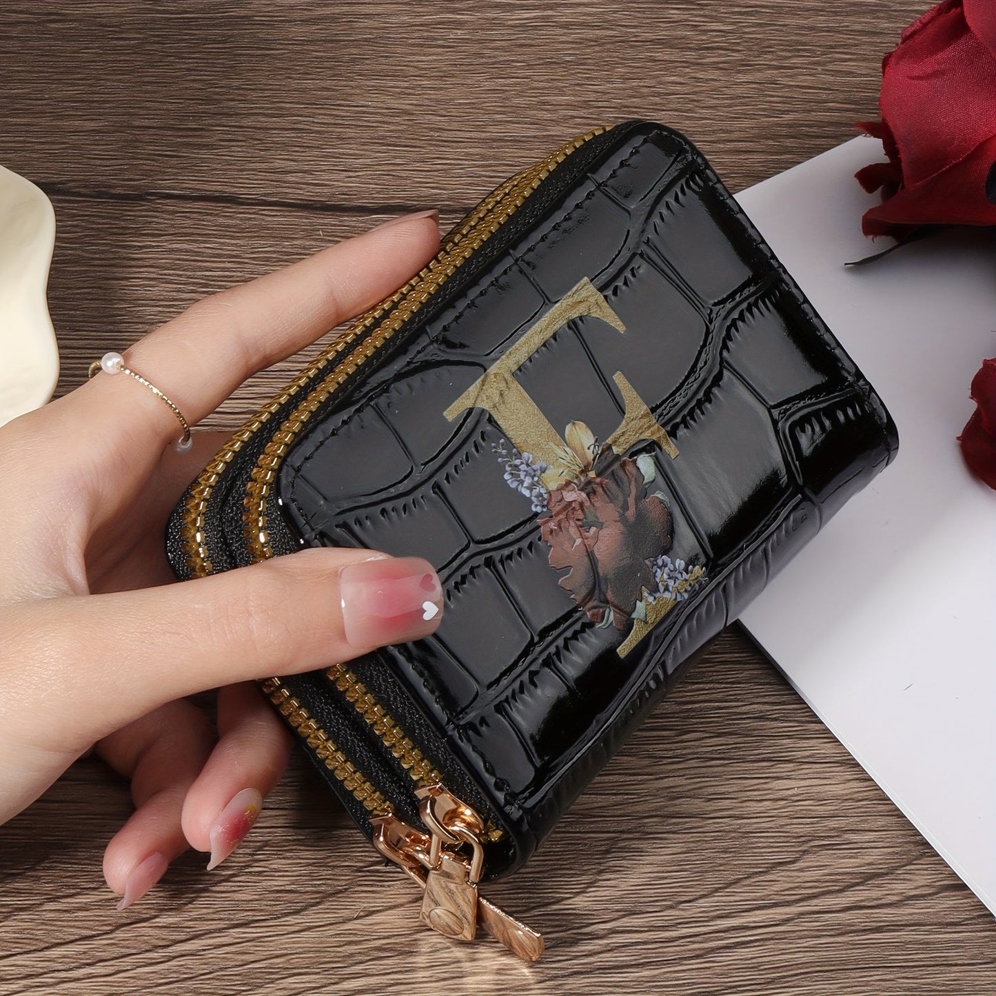 Floral Letter Pattern Credit Card Holder Small Business Card Case For Women Or Men Accordion Wallet With Zipper