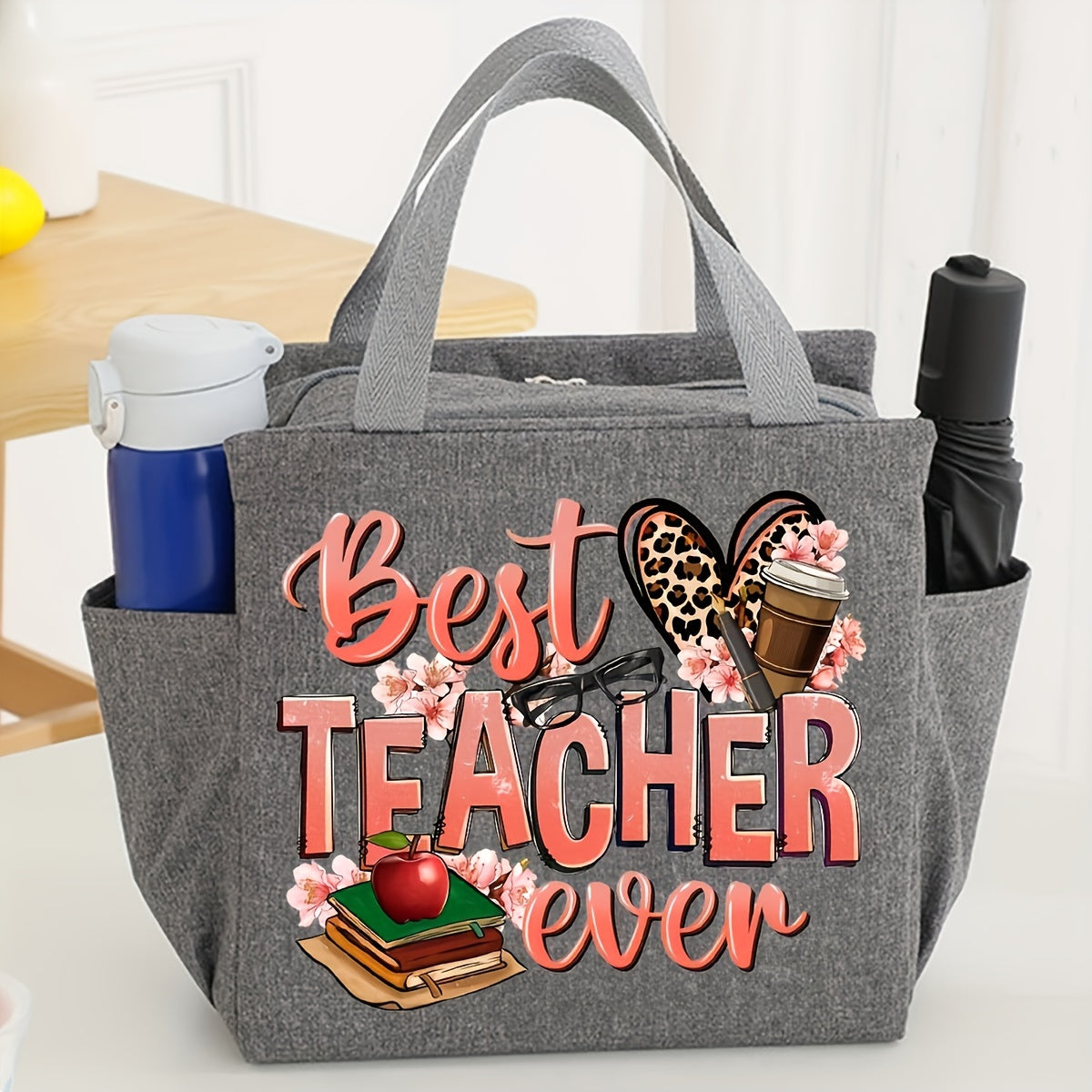 Preppy Style Insulated Canvas Lunch Satchel for Teachers with Foil Lining, Portable Thermal Cooler Tote with Best Teacher & Blessed Teacher Designs, Machine Washable, Zippered Teacher Appreciation Gift Bag