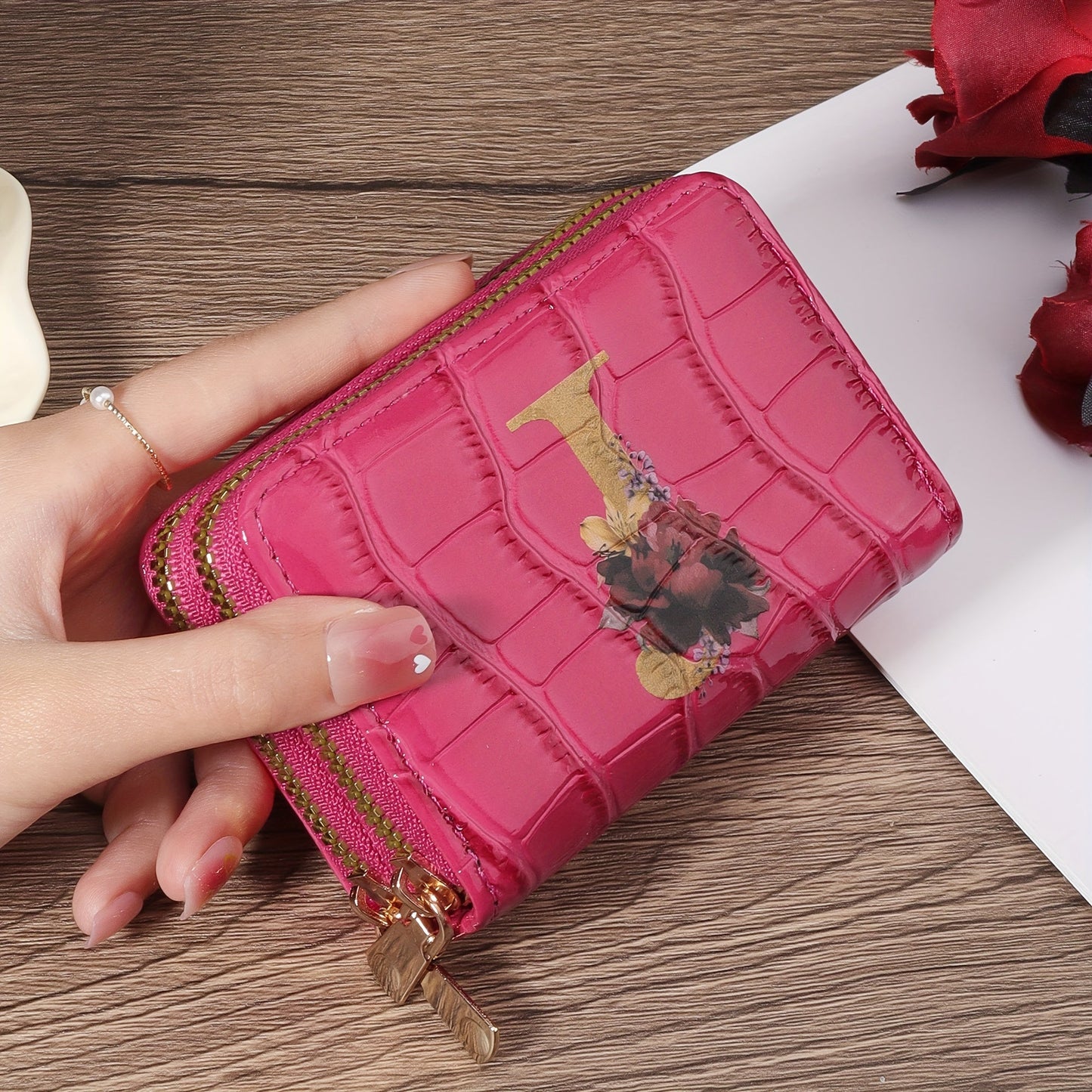 Floral Letter Pattern Credit Card Holder Small Business Card Case For Women Or Men Accordion Wallet With Zipper