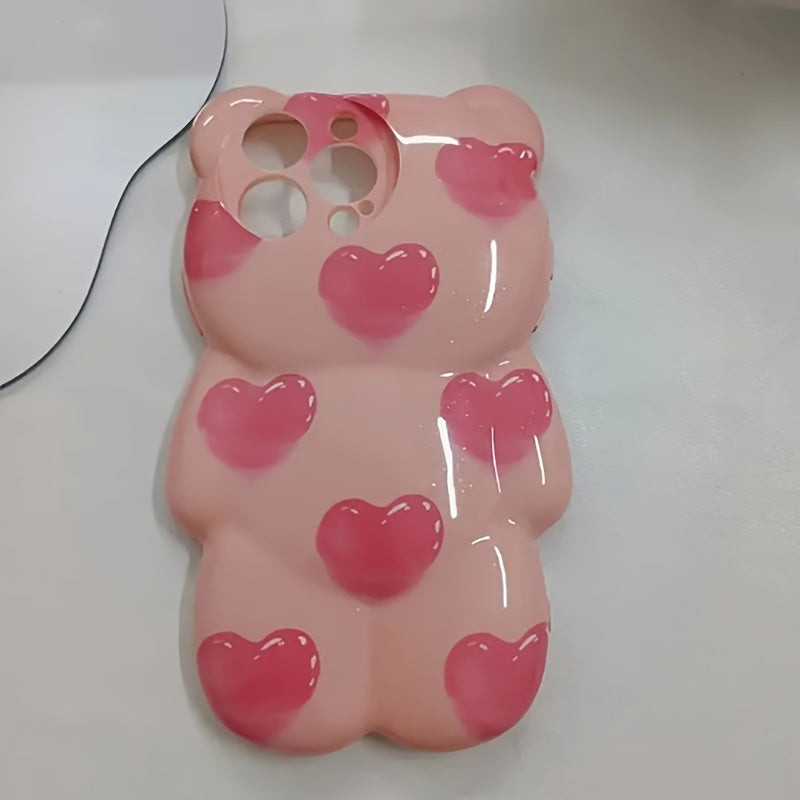 Pink Graffiti Heart Shape 3D Teddy Bear Iphone 15 Pro Max/14 Cute Cartoon Phone Case, Full Coverage Shockproof Protective Cover, Compatible with Iphone 11/12/13 Pro