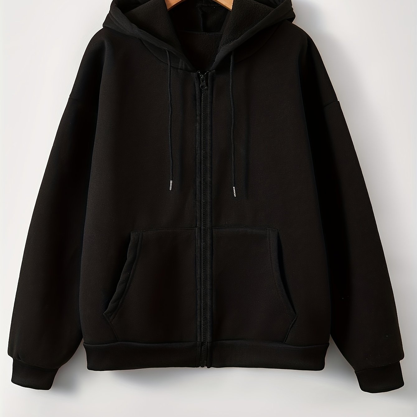 Women's Basic Solid Color Zip-Up Hoodie With Drawstrings, Comfortable Plush Lined Warm Hooded Sweatshirt For Fall & Winter