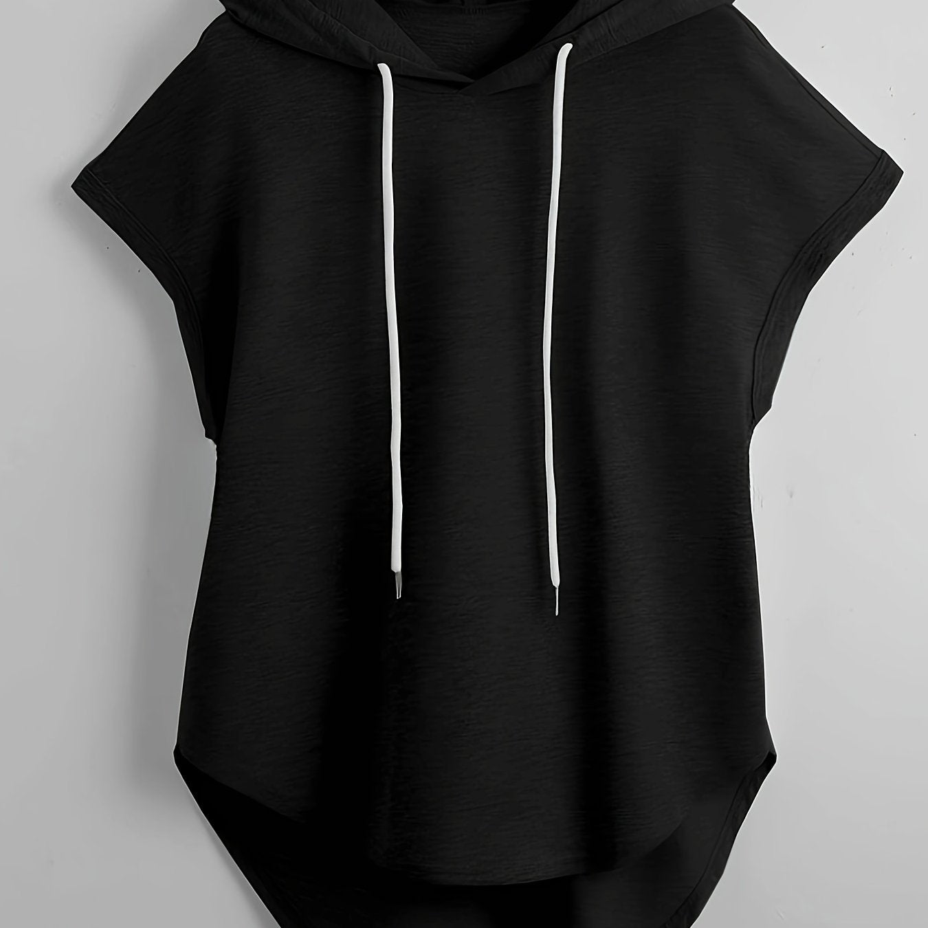 Cap Sleeve Drawstring Hoodie, Casual Solid Color Curved Hem Hoodie Sweatshirt, Women's Clothing