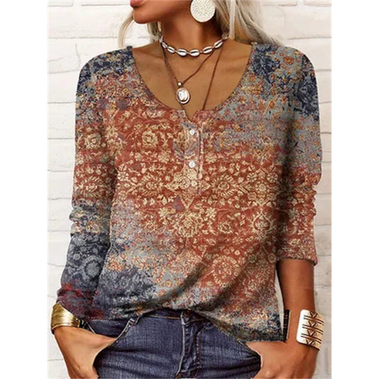 Loose Long-sleeved Geometric Floral U-neck Button T-shirt