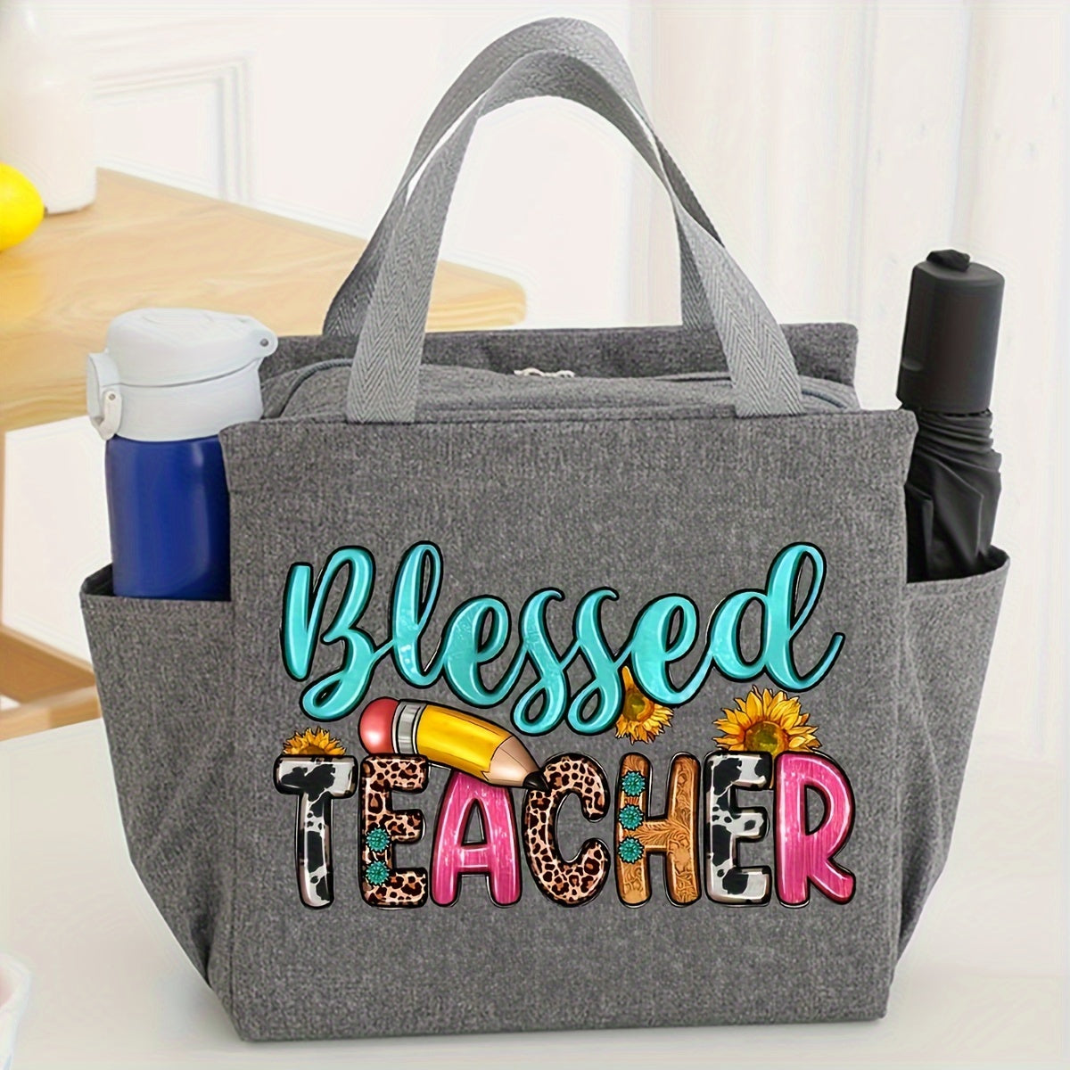 Preppy Style Insulated Canvas Lunch Satchel for Teachers with Foil Lining, Portable Thermal Cooler Tote with Best Teacher & Blessed Teacher Designs, Machine Washable, Zippered Teacher Appreciation Gift Bag
