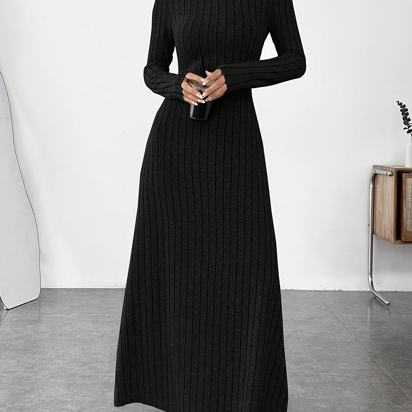 Solid Color Turtle Neck Ribbed Dress, Elegant Long Sleeve Flared Maxi Dress For Spring & Fall, Women's Clothing