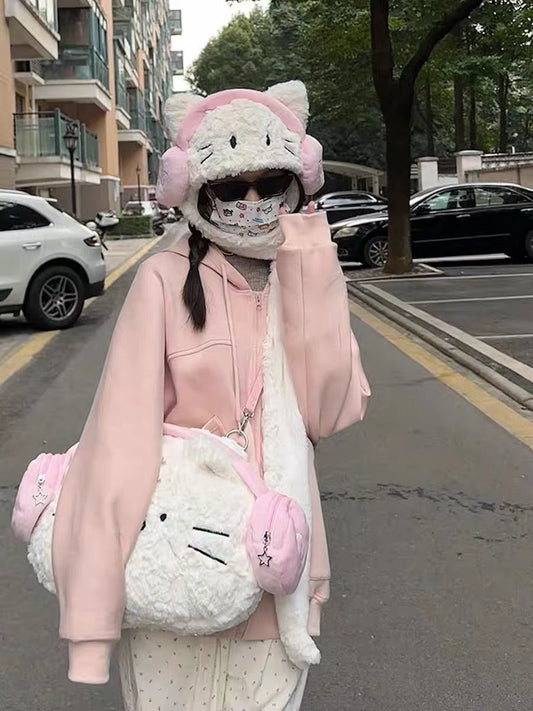 Cute Earphone Cat Backpack Plush Student Travel All-matching