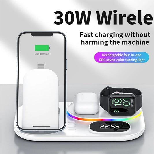 4 in 1 Wireless Charging Station with Digital Clock and Night Light, 15W Fast Wireless Charger