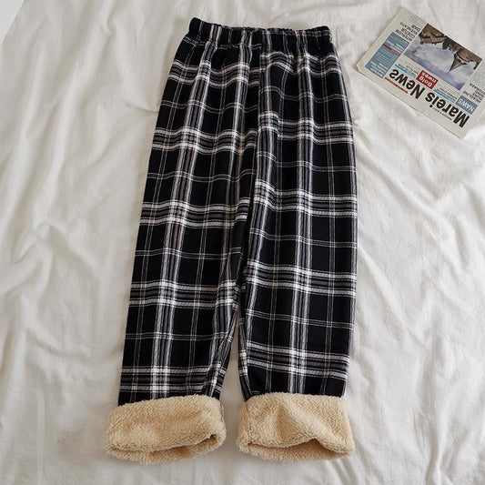 Fleece Cashmere Plaid Wide-leg Casual Pants