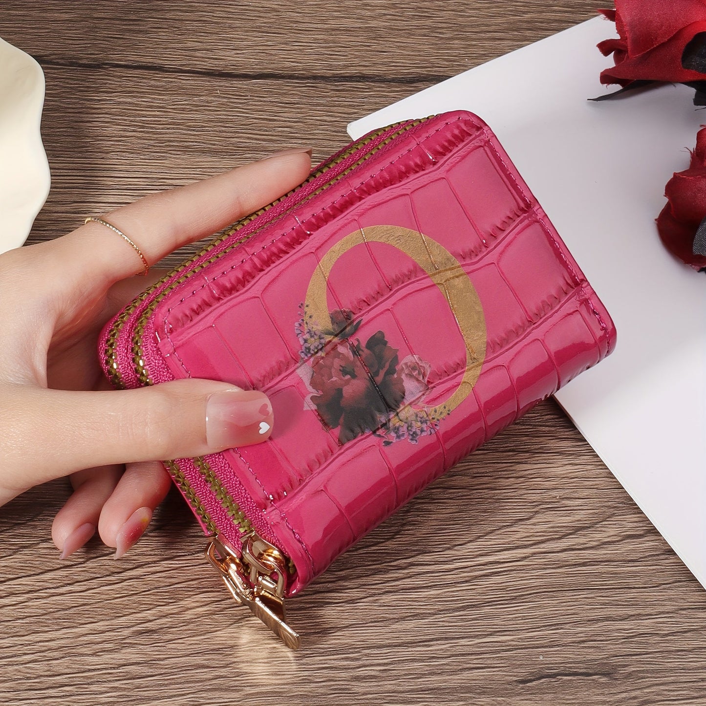 Floral Letter Pattern Credit Card Holder Small Business Card Case For Women Or Men Accordion Wallet With Zipper