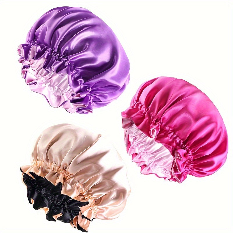 3pcs Set: Luxurious Double-Layer Lace Sleep Cap, Makeup & Shower Hat - Soft Polyester Silk-Like Hair Care Bonnet