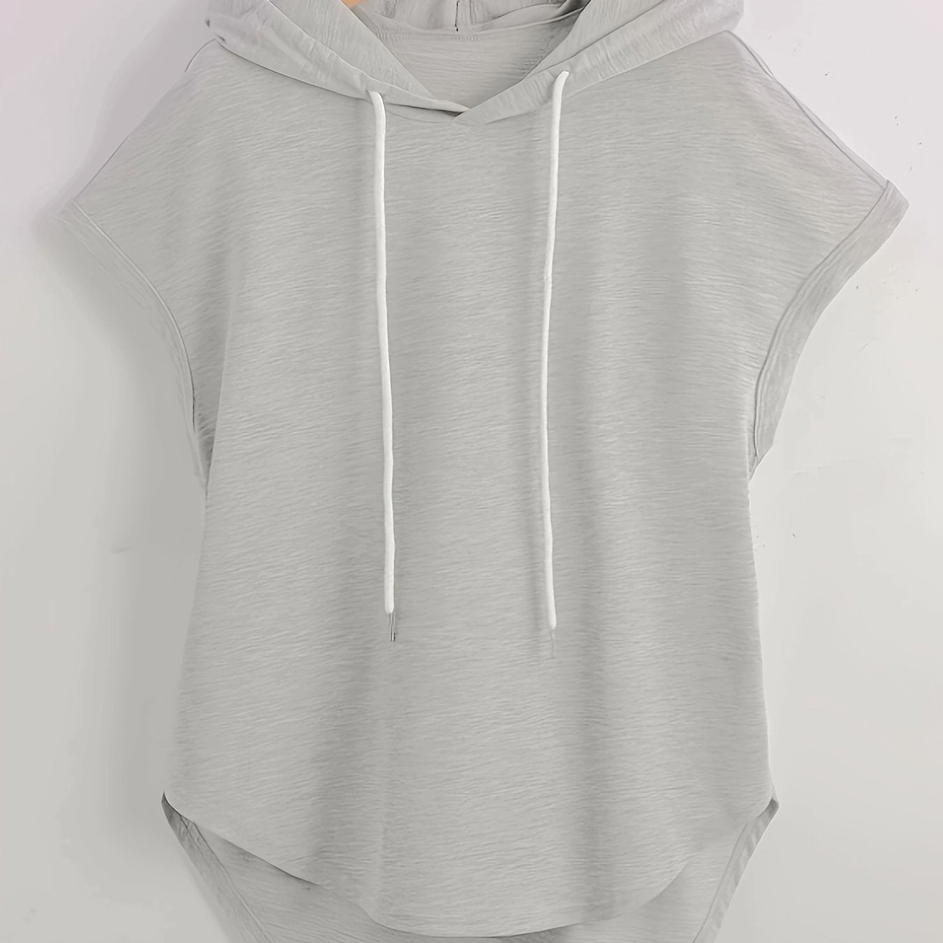 Cap Sleeve Drawstring Hoodie, Casual Solid Color Curved Hem Hoodie Sweatshirt, Women's Clothing