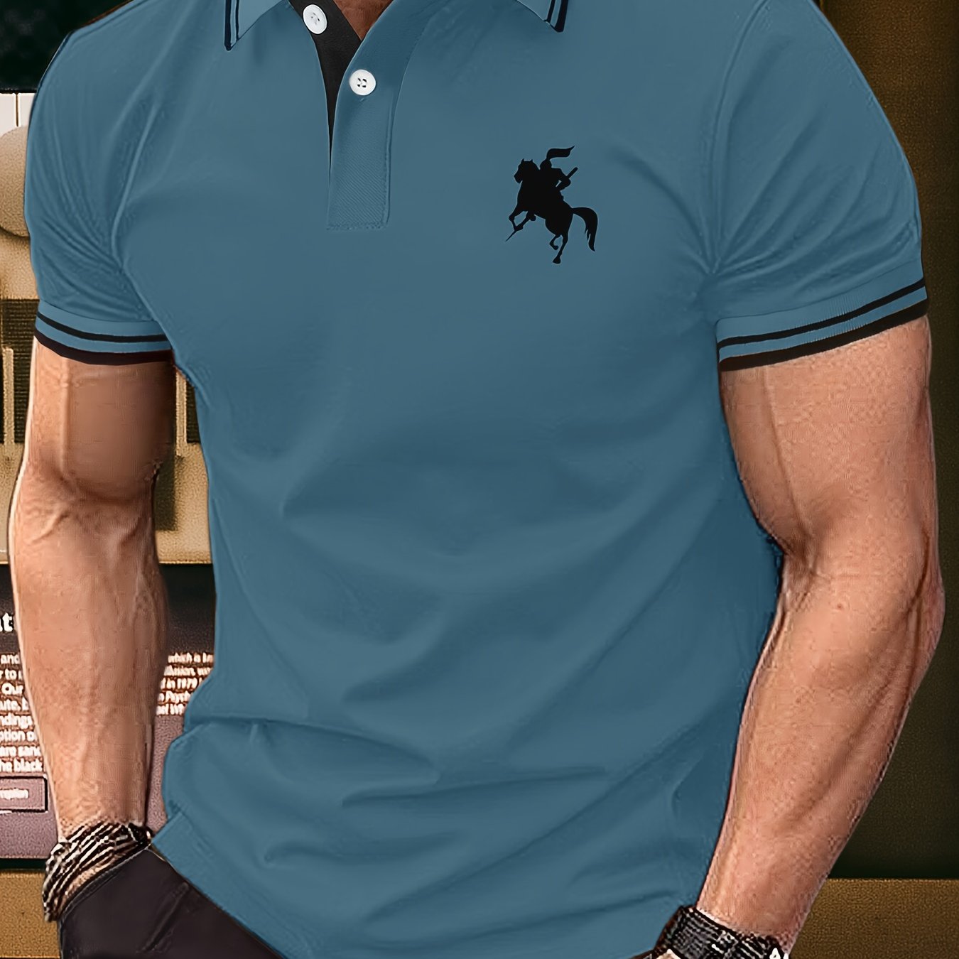 Men's Summer Fashion, Horse Riding Knight Pattern Short Sleeve Lapel Collar Henley Shirt, Chic And Trendy Golf Tops For Business And Outdoors Sports Wear