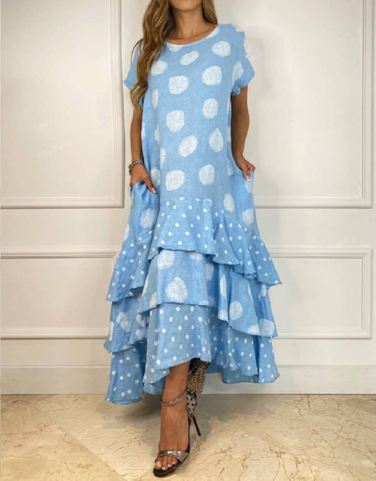 Round Neck Polka Dot Swing Long Dress Women