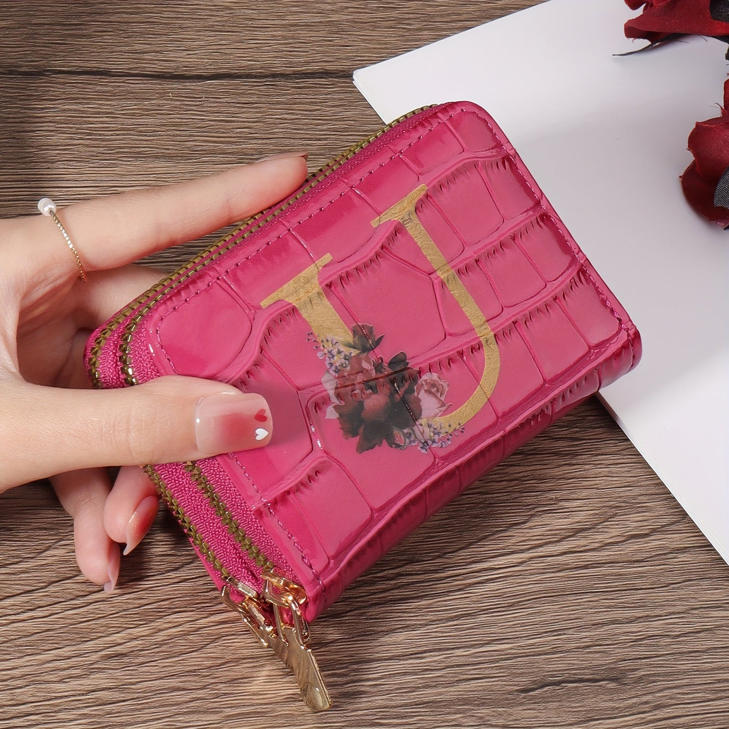 Floral Letter Pattern Credit Card Holder Small Business Card Case For Women Or Men Accordion Wallet With Zipper