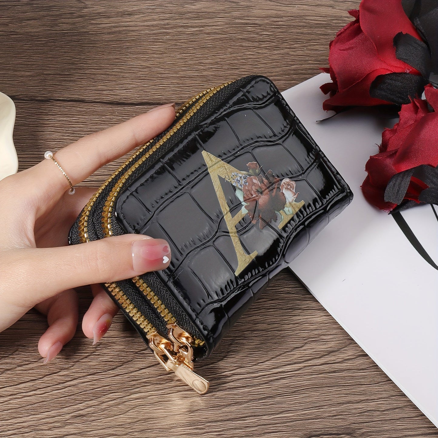 Floral Letter Pattern Credit Card Holder Small Business Card Case For Women Or Men Accordion Wallet With Zipper