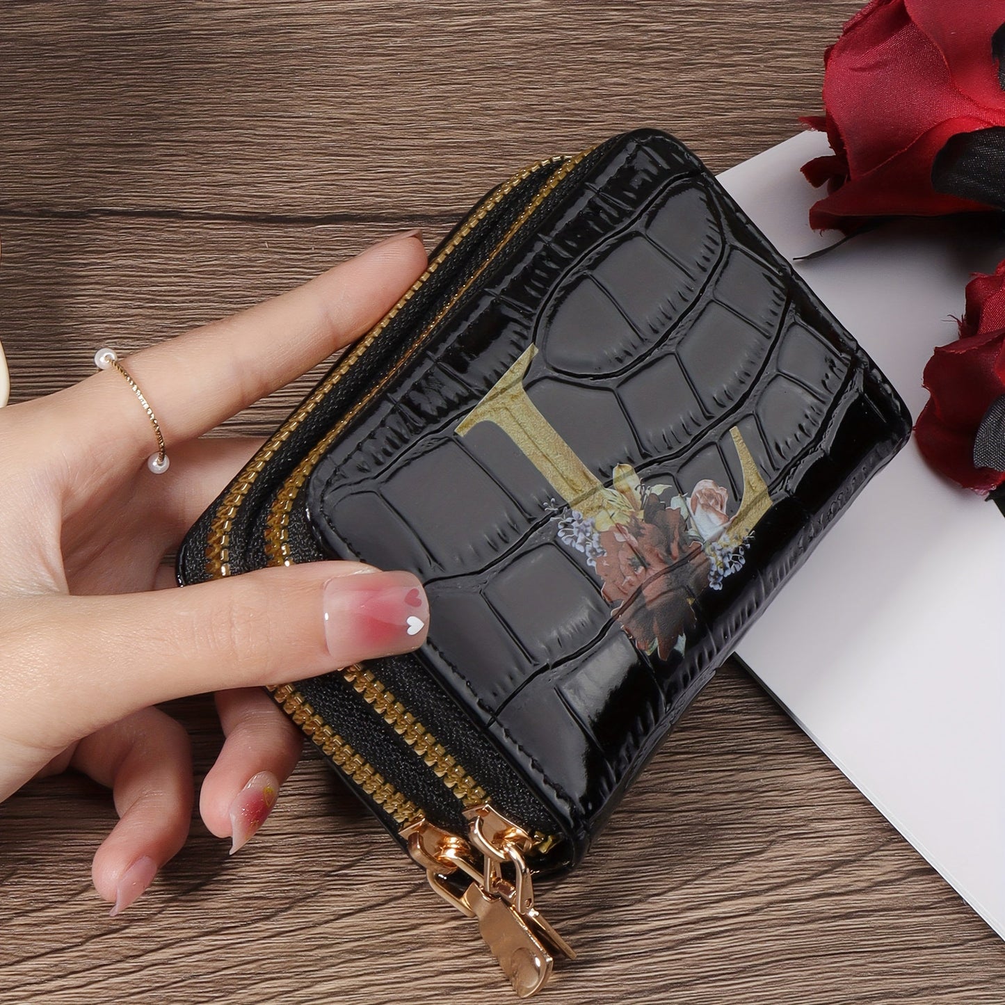 Floral Letter Pattern Credit Card Holder Small Business Card Case For Women Or Men Accordion Wallet With Zipper