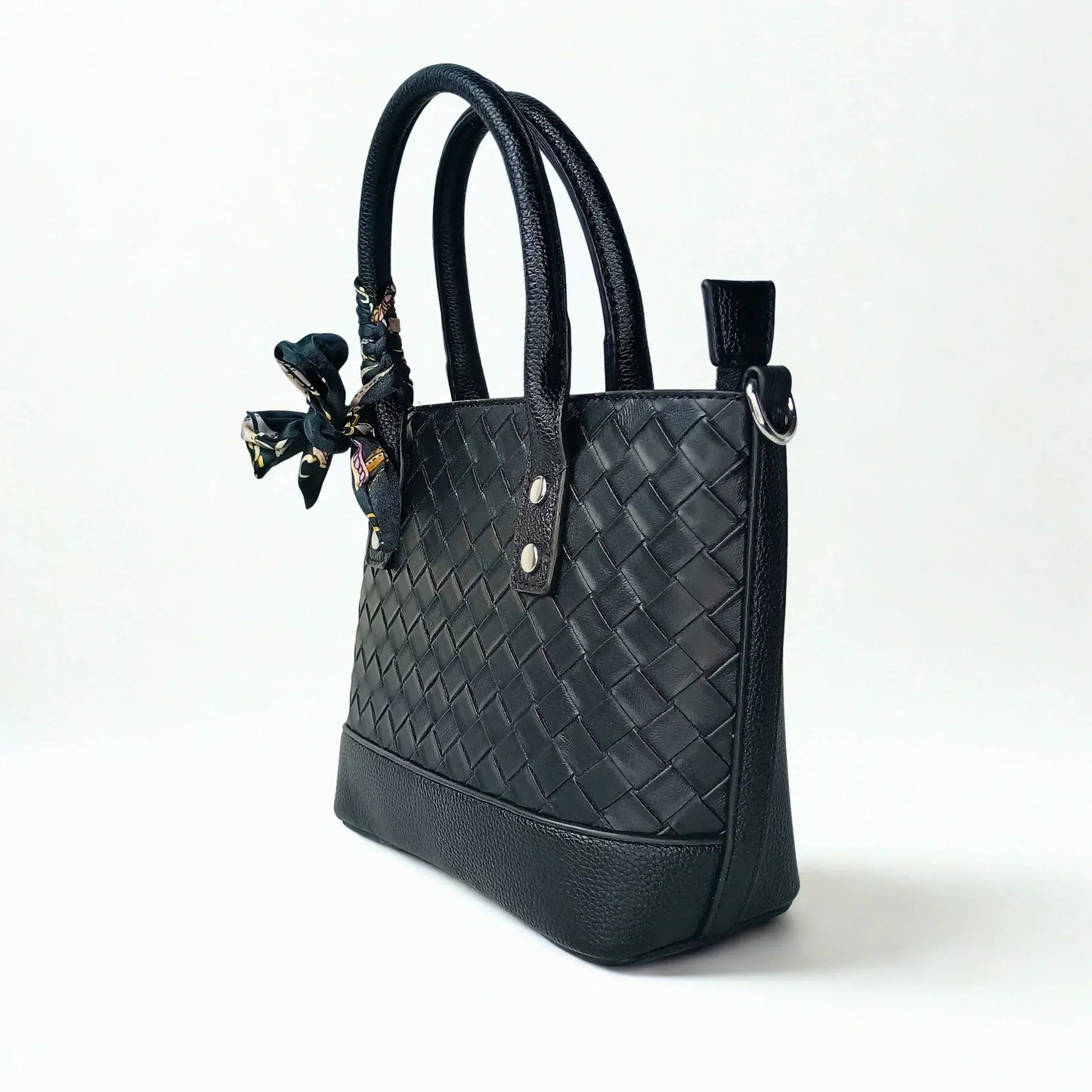 Black Leather Shopper Bag with Woven Texture and Scarf Accent