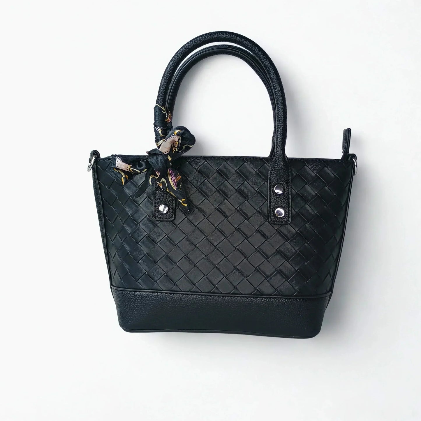 Black Leather Shopper Bag with Woven Texture and Scarf Accent