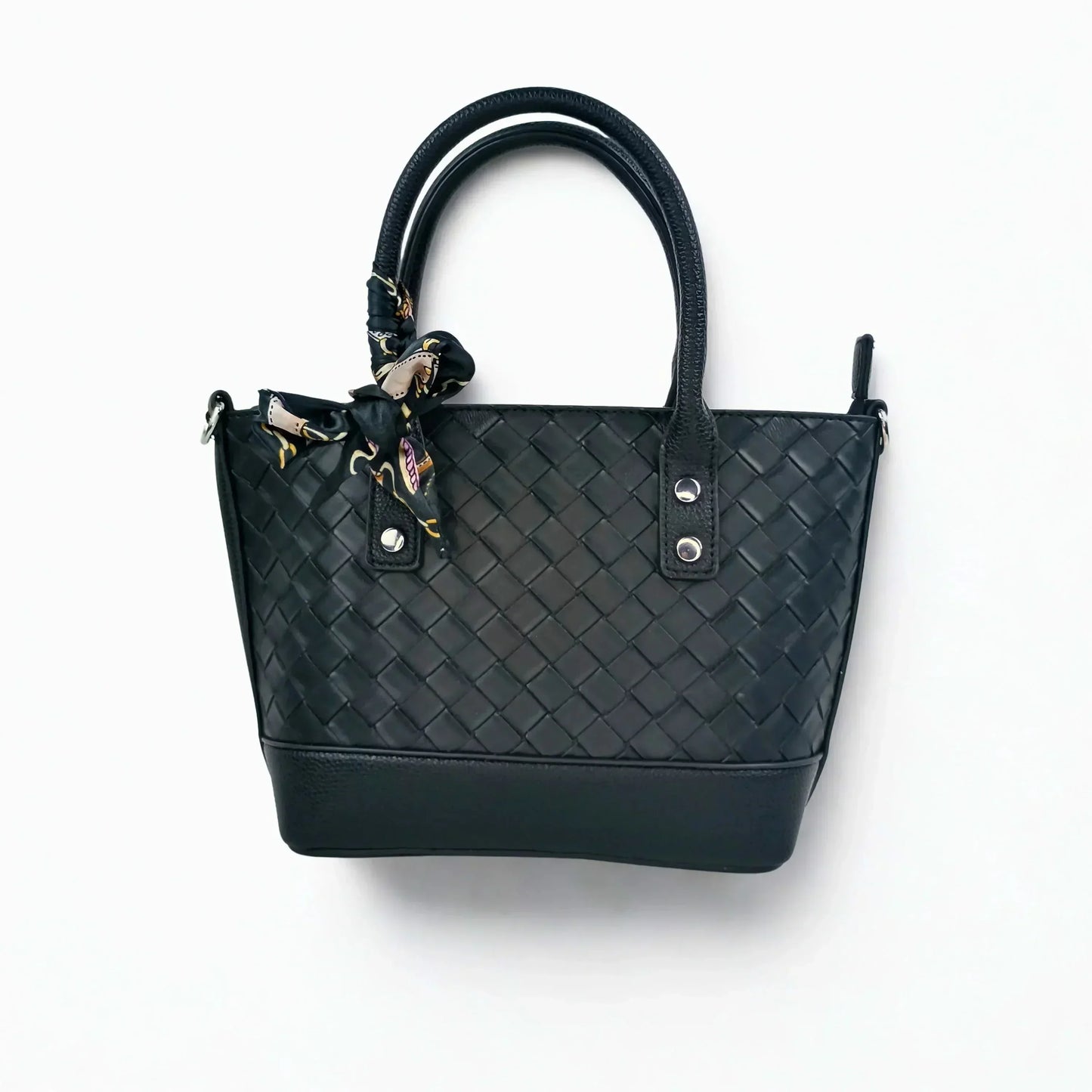 Black Leather Shopper Bag with Woven Texture and Scarf Accent