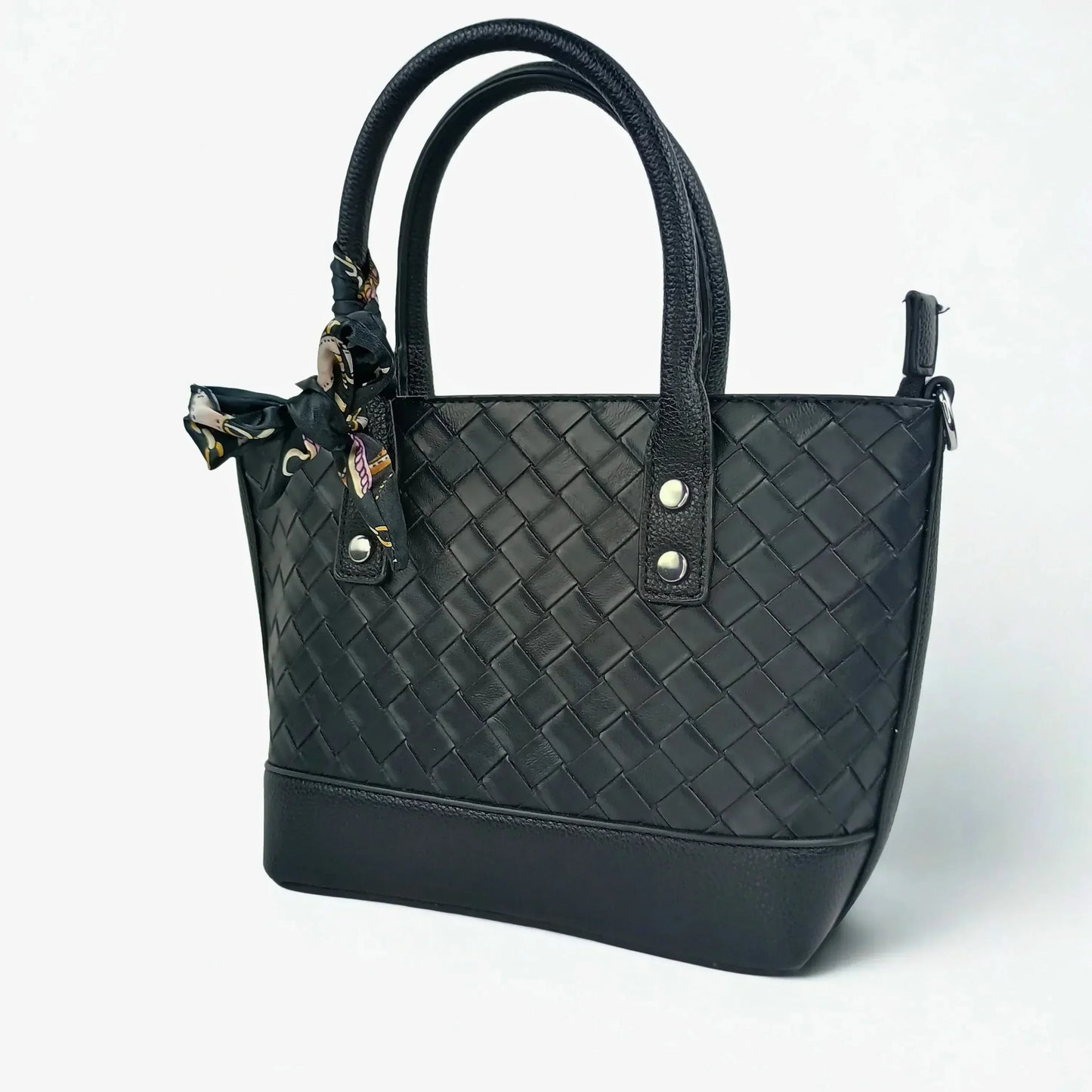 Black Leather Shopper Bag with Woven Texture and Scarf Accent