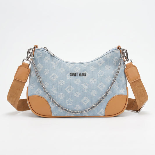 Sweet Years Jacquard Denim Hobo Bag with Chain and Wide Shoulder Strap