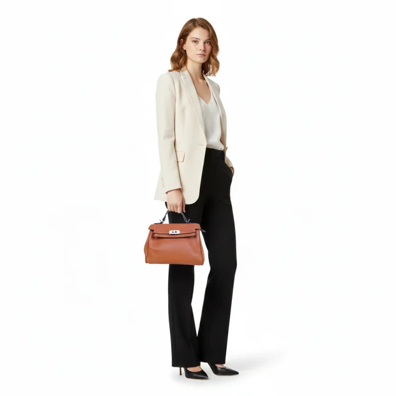 Brown Leather Handbag with removable strap - MS-8800