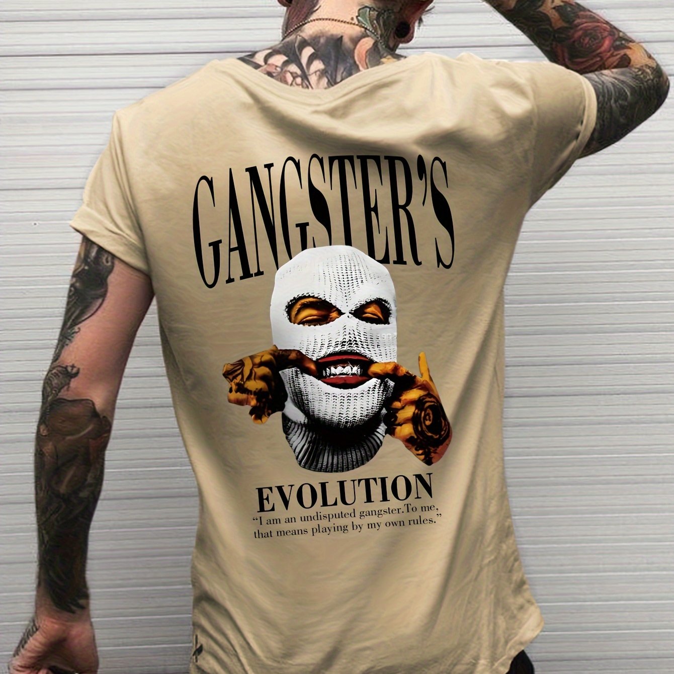 Gangster Print Round Neck Comfortable Short-sleeve Shirt With New Men's Fashion Pattern Print, Suitable For Casual Daily Outdoor Activities At Home