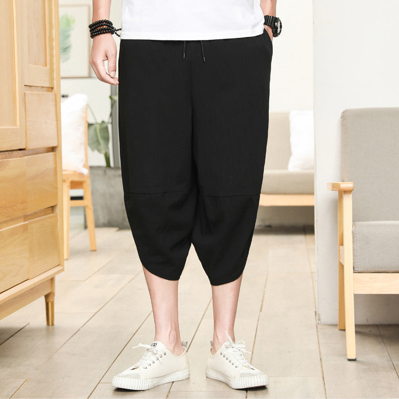 Men's Cropped Tapered Cotton Linen Harem Ethnic Floral Pants