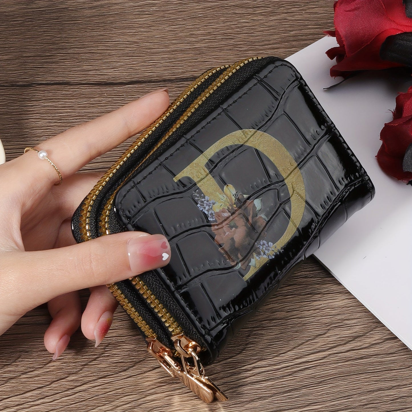 Floral Letter Pattern Credit Card Holder Small Business Card Case For Women Or Men Accordion Wallet With Zipper
