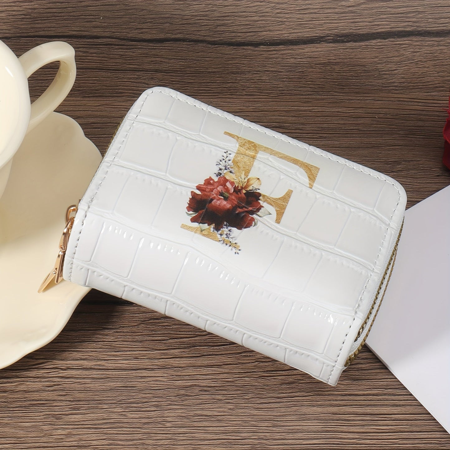 Floral Letter Pattern Credit Card Holder Small Business Card Case For Women Or Men Accordion Wallet With Zipper