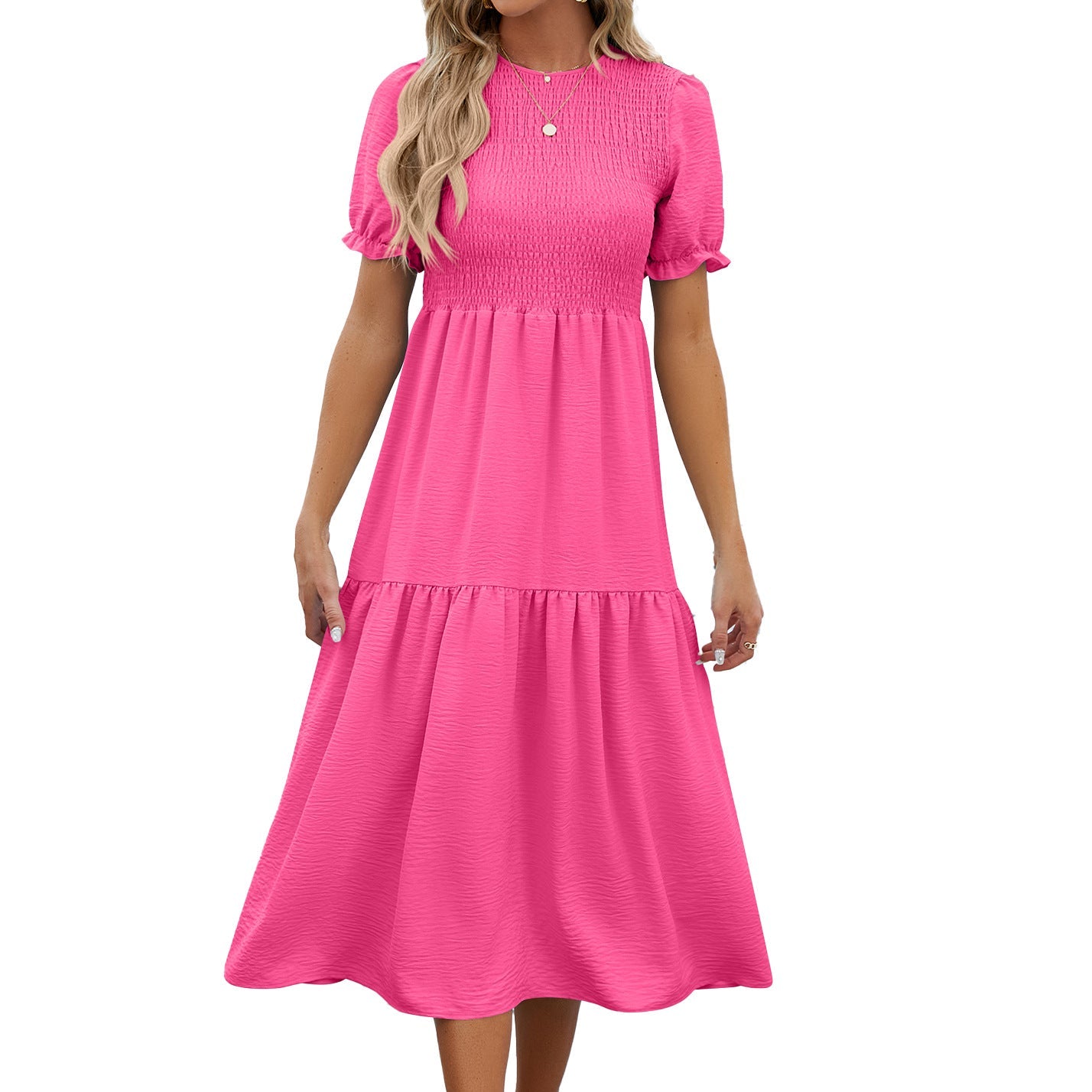 Summer Round Neck Pleating Puff Sleeve Short Sleeve Elegant Dress