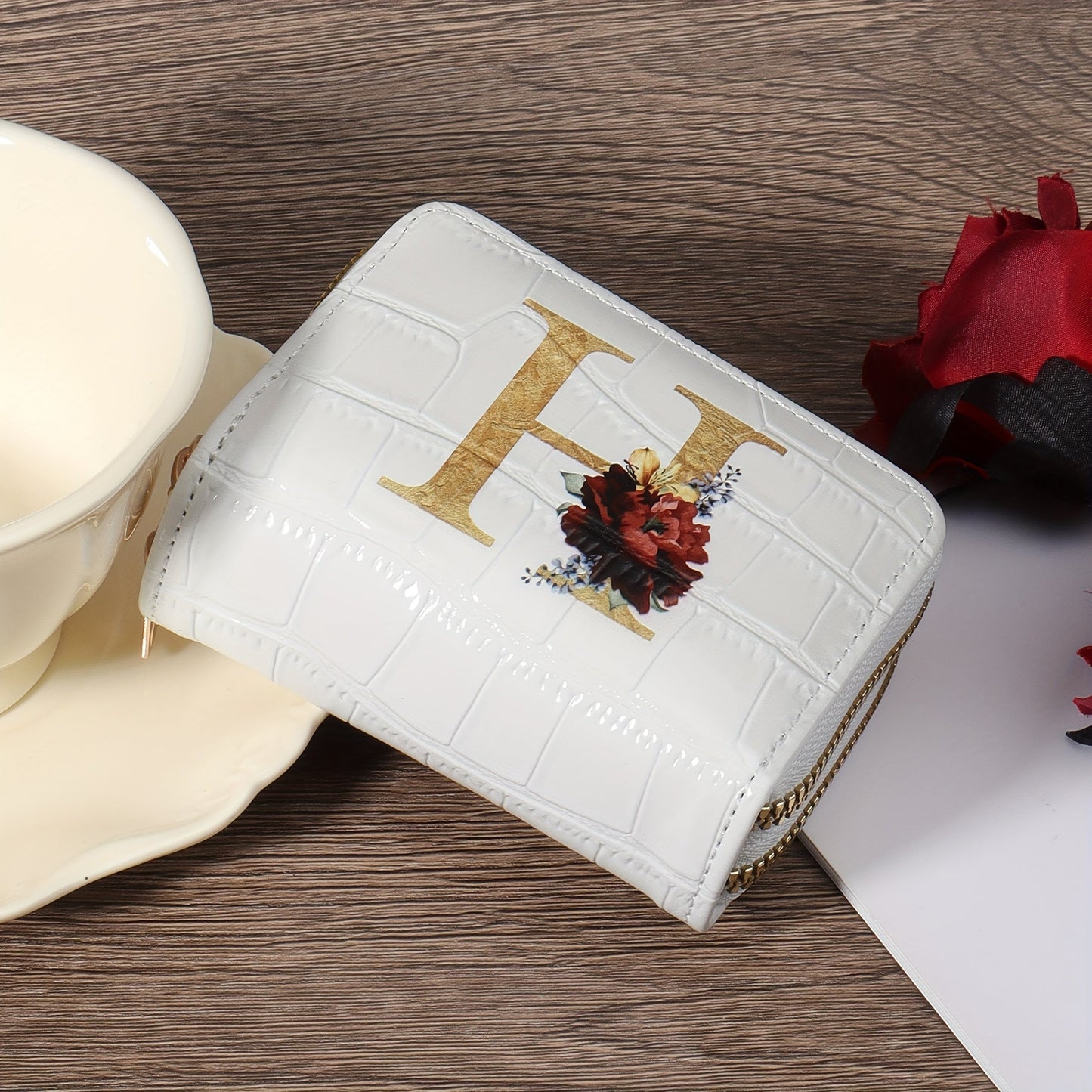 Floral Letter Pattern Credit Card Holder Small Business Card Case For Women Or Men Accordion Wallet With Zipper