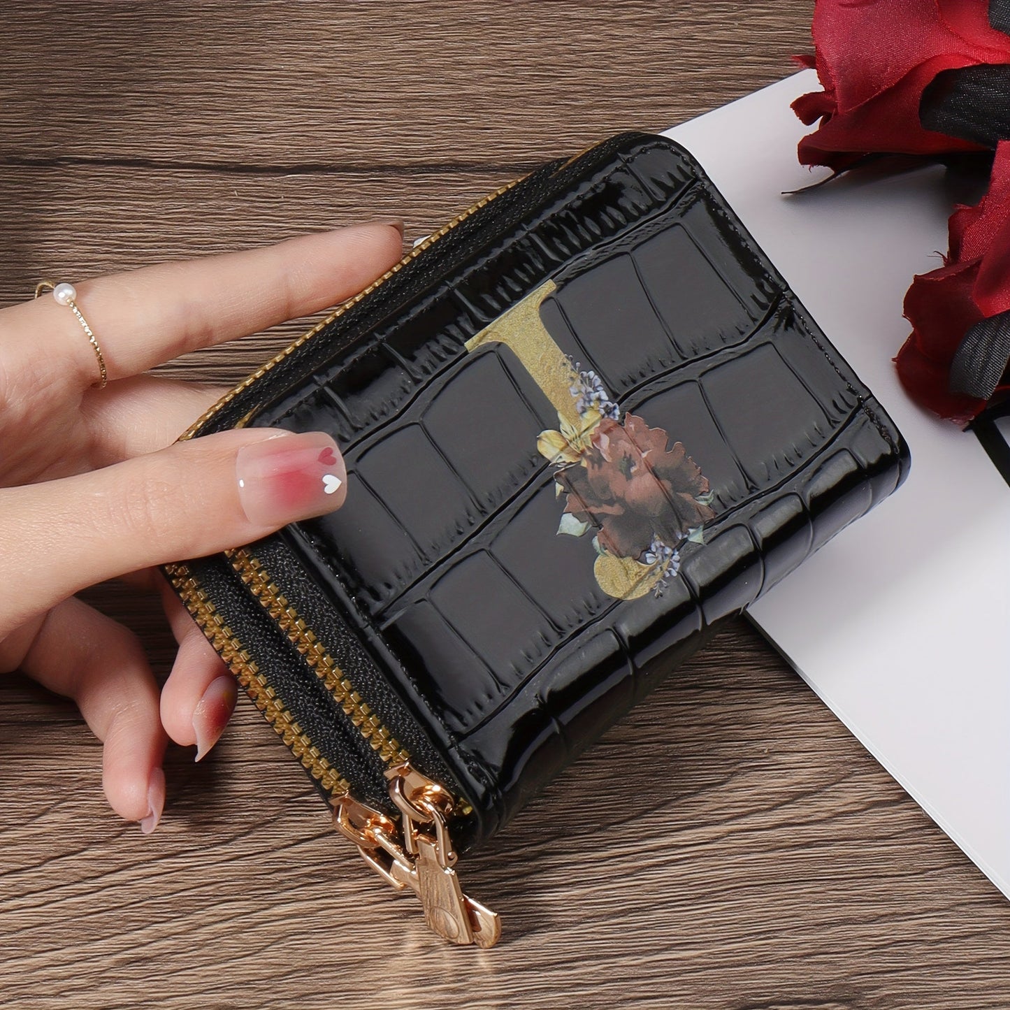 Floral Letter Pattern Credit Card Holder Small Business Card Case For Women Or Men Accordion Wallet With Zipper