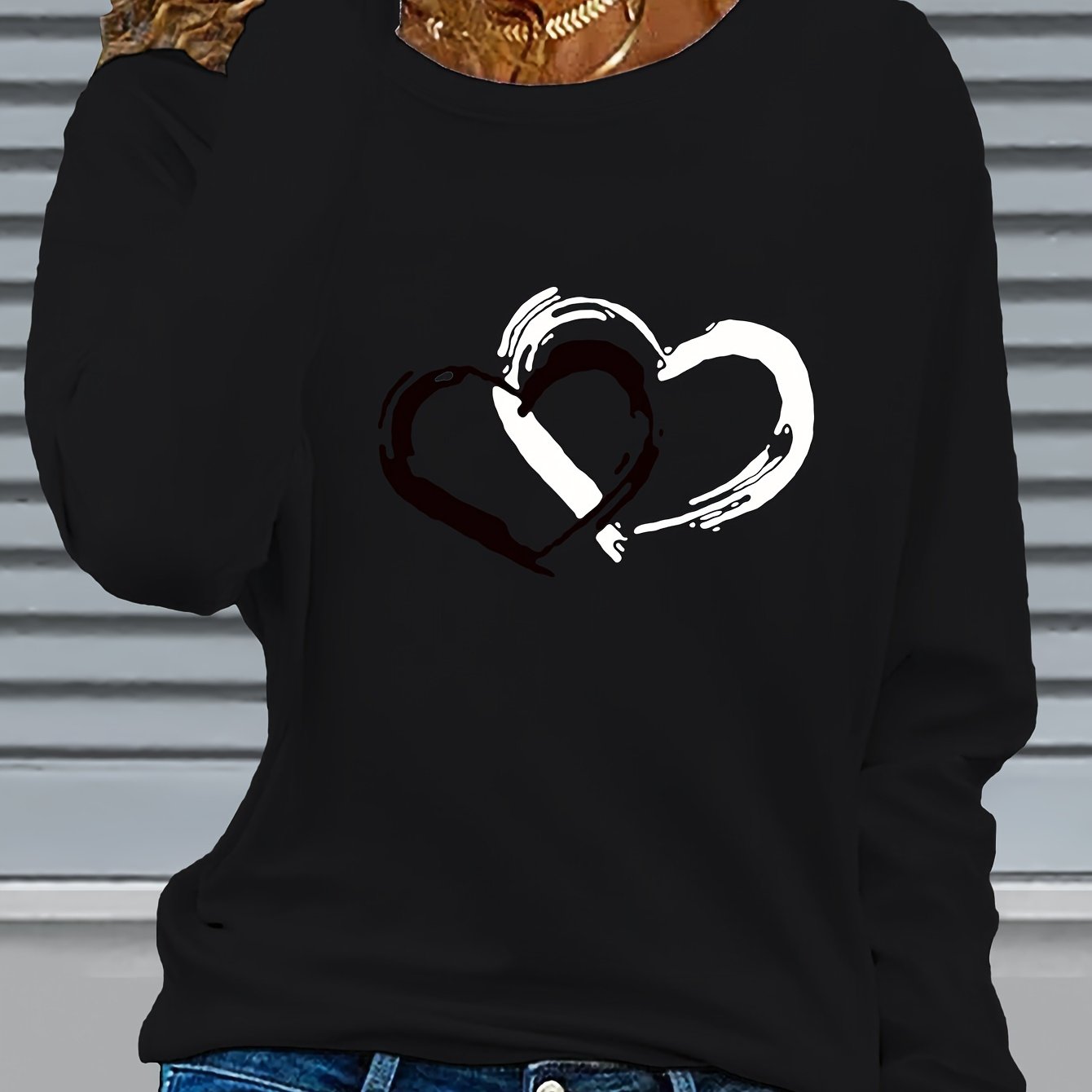 Women'S Long Sleeve T-Shirt with Heart Print, Regular Fit, Stretch Fabric, Round Neck, Casual Style, Polyester, Autumn/Winter Fashion Top