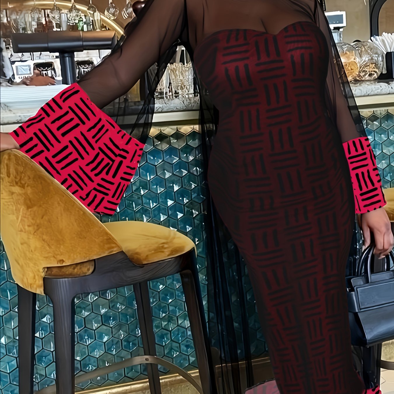 Elegant Women's Two-Piece Set: Semi-Sheer Mesh Overcoat & Slimming Tube Dress with Geometric Pattern - Machine Washable, for Autumn, Spring