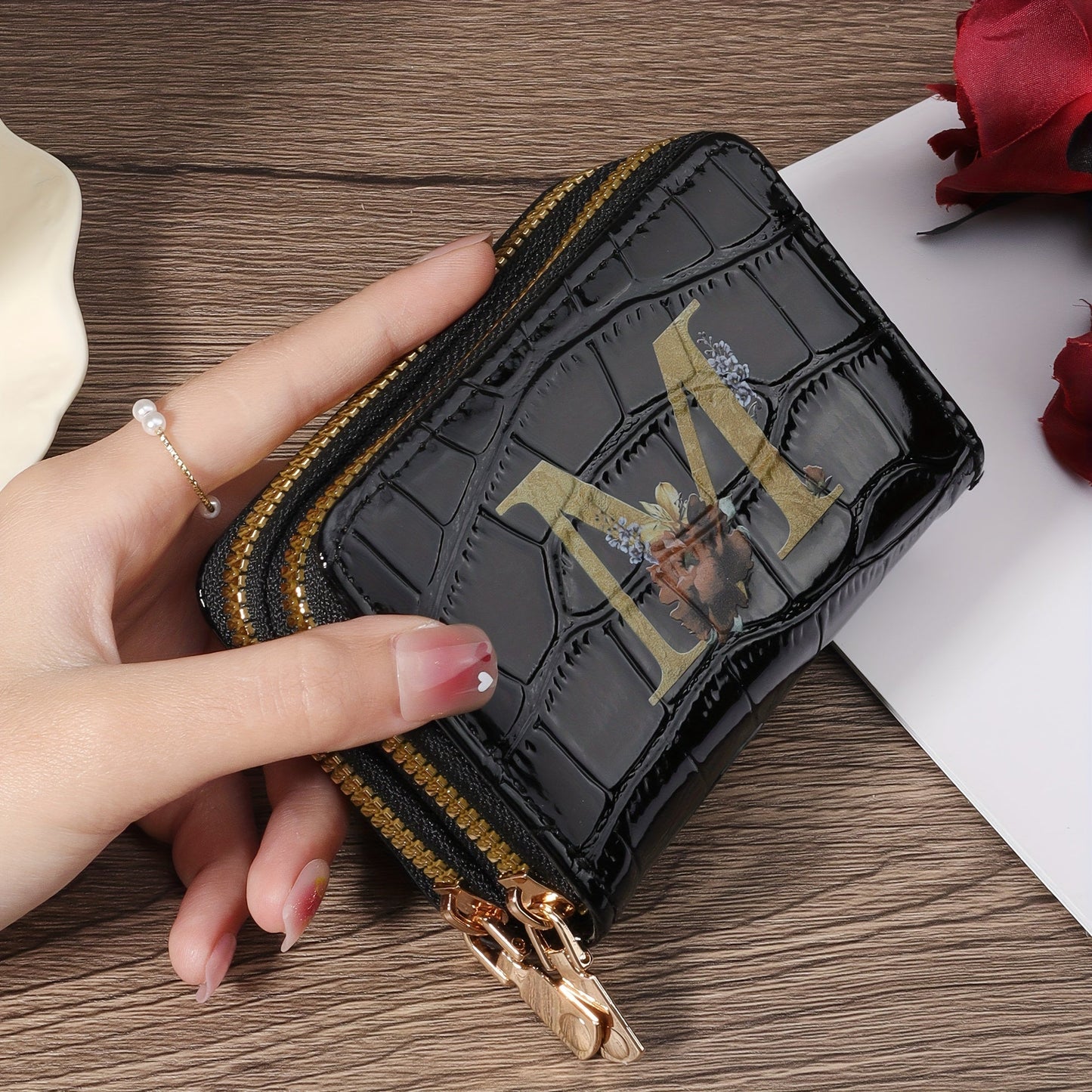 Floral Letter Pattern Credit Card Holder Small Business Card Case For Women Or Men Accordion Wallet With Zipper