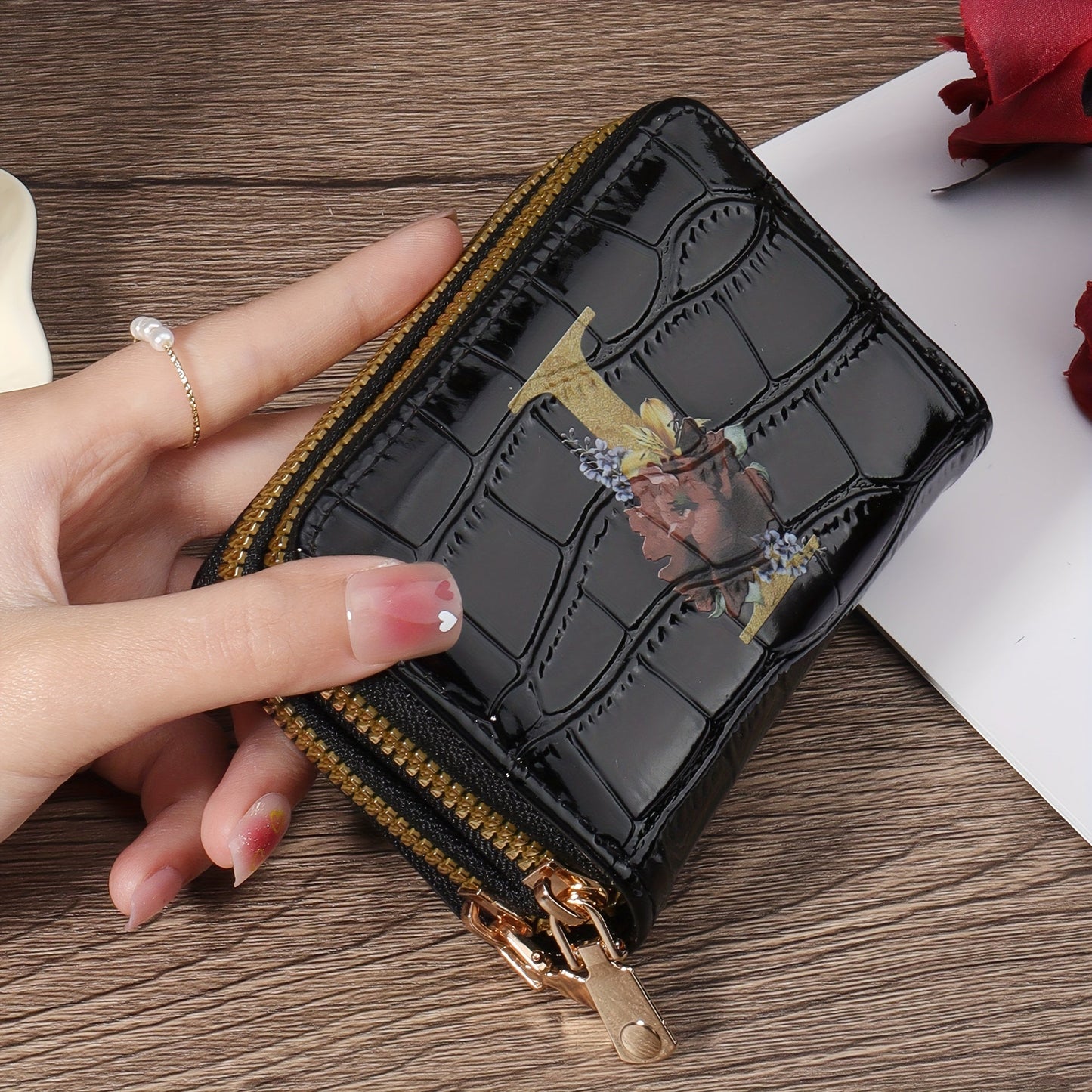 Floral Letter Pattern Credit Card Holder Small Business Card Case For Women Or Men Accordion Wallet With Zipper