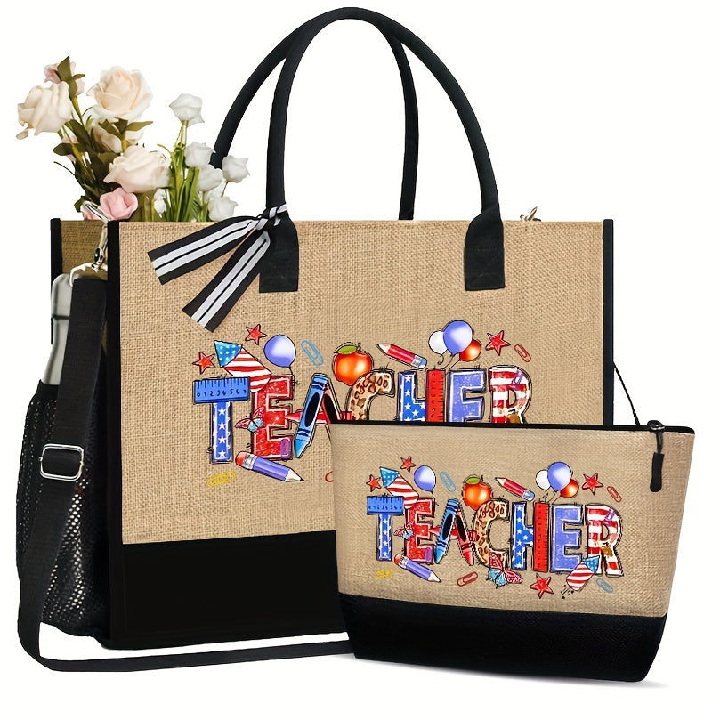 2pcs Teacher Appreciation Tote Bag With Cosmetic Pouch Set, Canvas Lightweight Bag, Durable Shopping Bag, Academic Design Portable Bag For Travel And Beach
