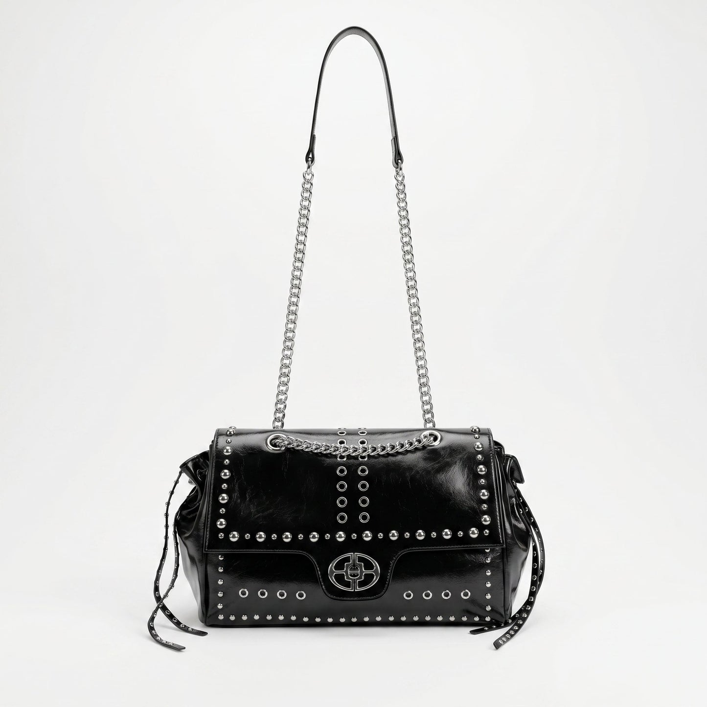 Rock Star Borsa a Patta in Ecopelle con Borchie Argentate Tracolla a Catena