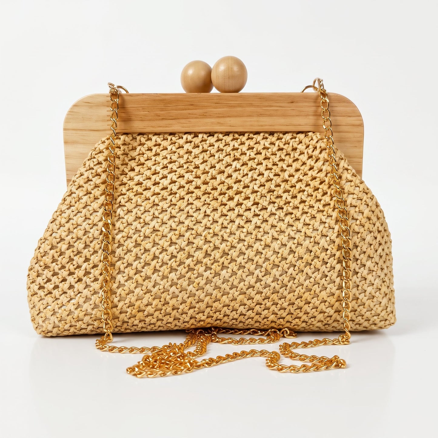 Borsa Caterina a Tracolla in Rafia con Cornice in Legno e Catena Dorata – Stile Donna
