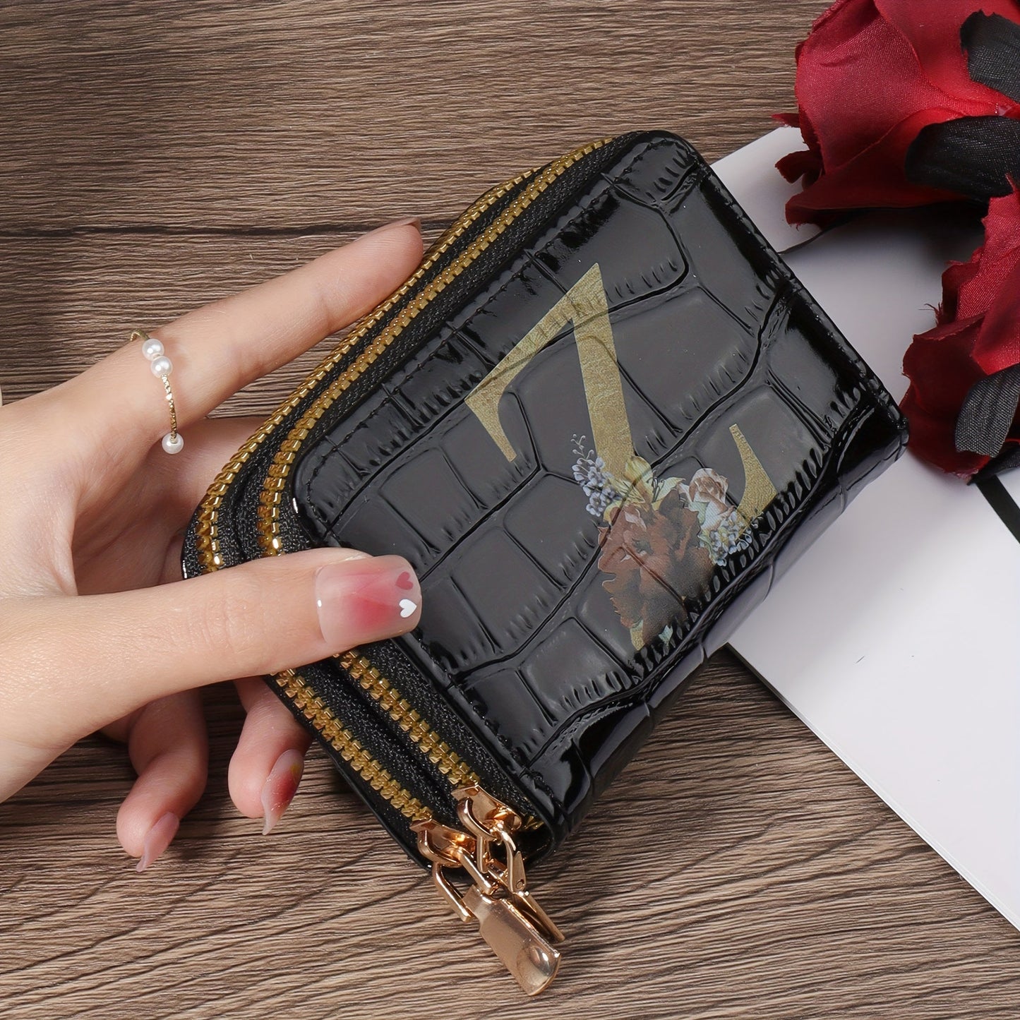 Floral Letter Pattern Credit Card Holder Small Business Card Case For Women Or Men Accordion Wallet With Zipper